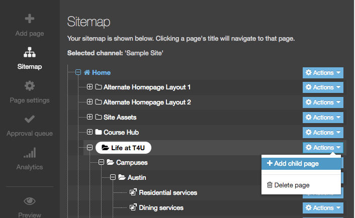 Screenshot of the Sitemap Direct Edit options with Add Child Page highlighted 