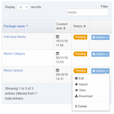 Screenshot of the actions menu for Media Archive Packages