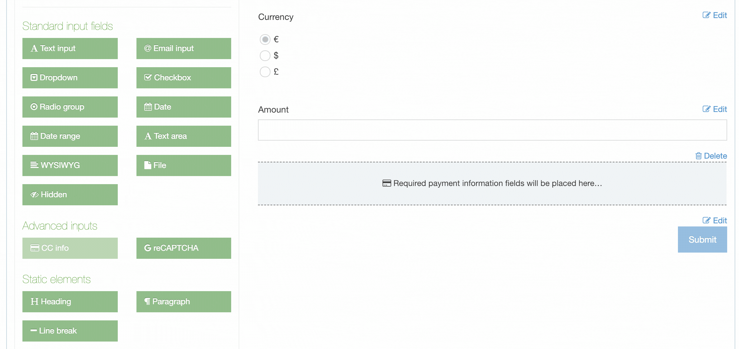 Animated GIF showing how a reCAPTCHA element is added with Form Builder