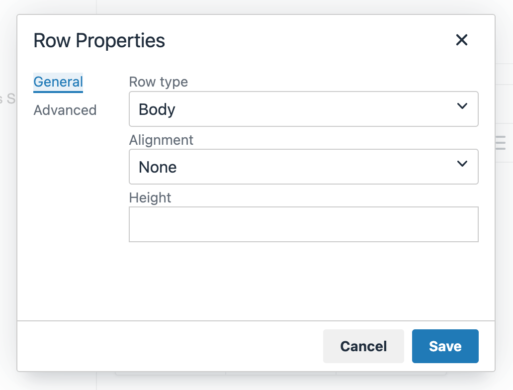 Row properties in the HTML Editor