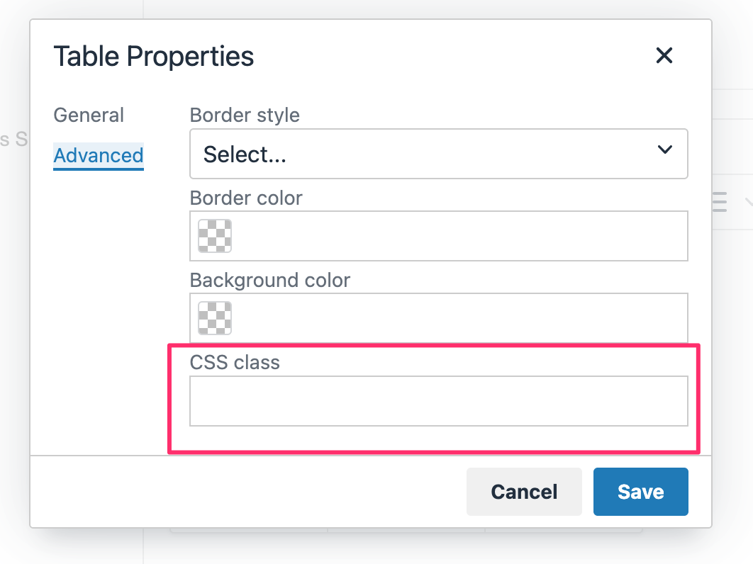 Add CSS Class in Table Properties