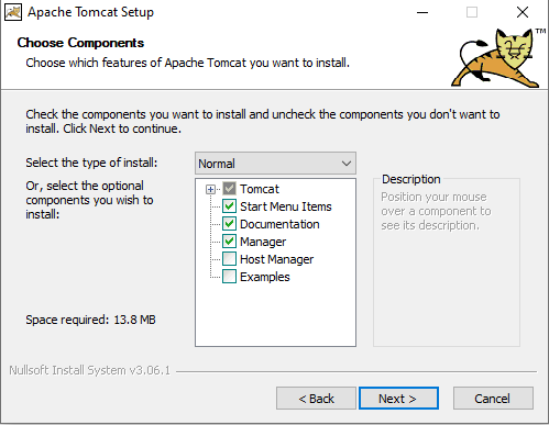 Screenshot of Tomcat 9 Choose Components