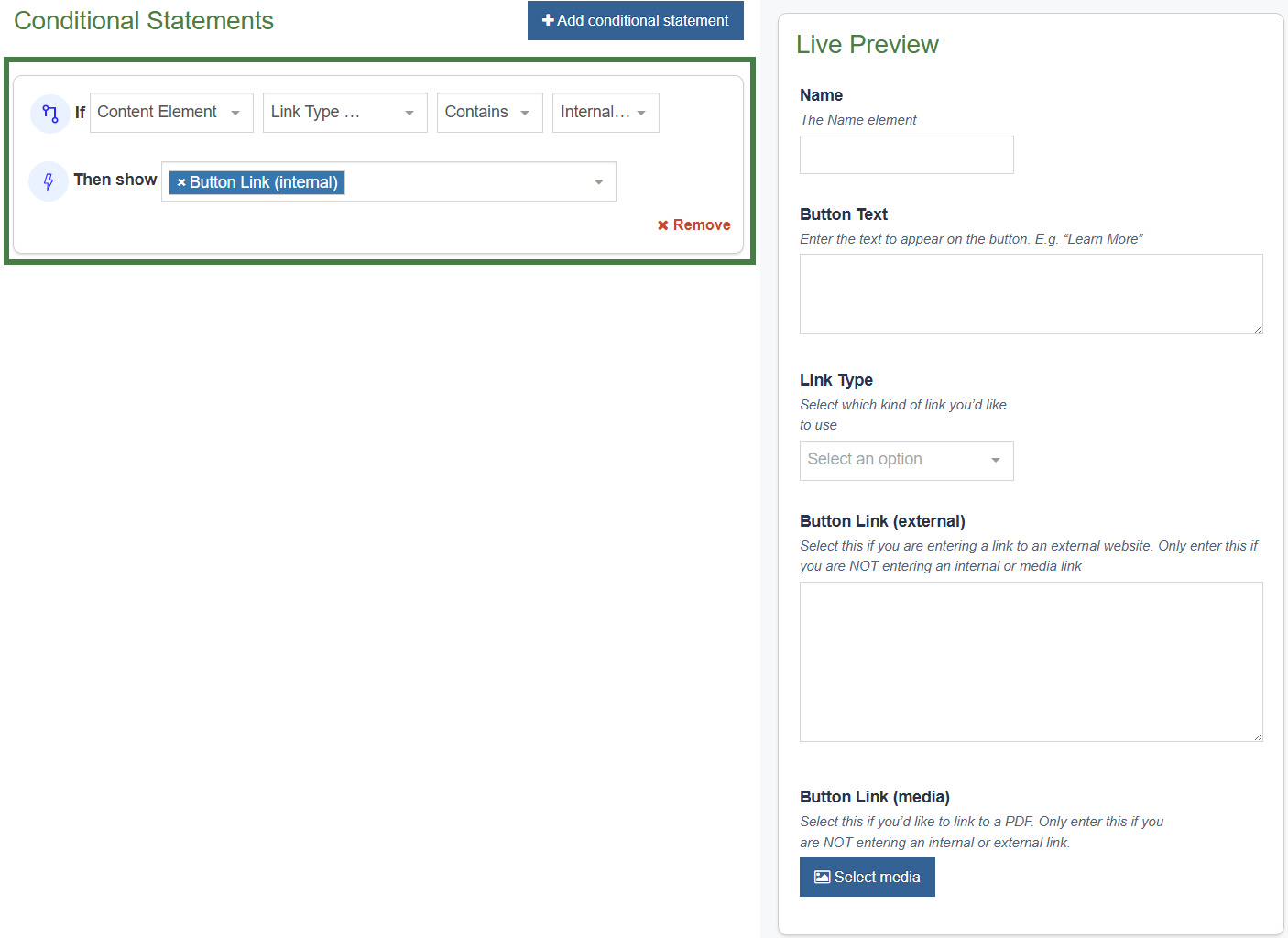 Conditional logic & Live Preview (Internal Link)