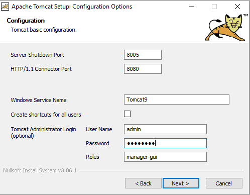 Screen of Tomcat 9 Configuration screen