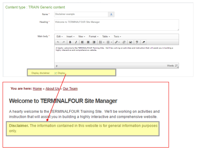 Content Type with disclaimer (Selective output)