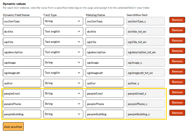 Screenshot of Search Crawler Metadata mappings with added fields of peoplePhone, peopleEmail, and peoplebuilding