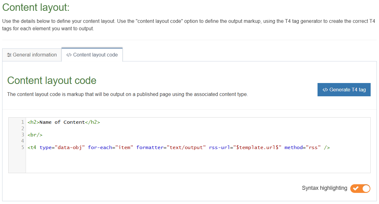 Data Object Content layout code tab