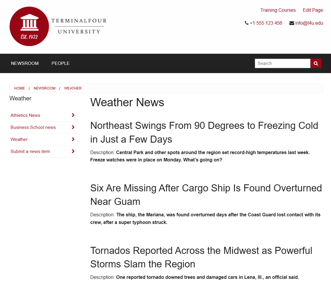 Screenshot of webpage using Data Object to display items from third party RSS feed