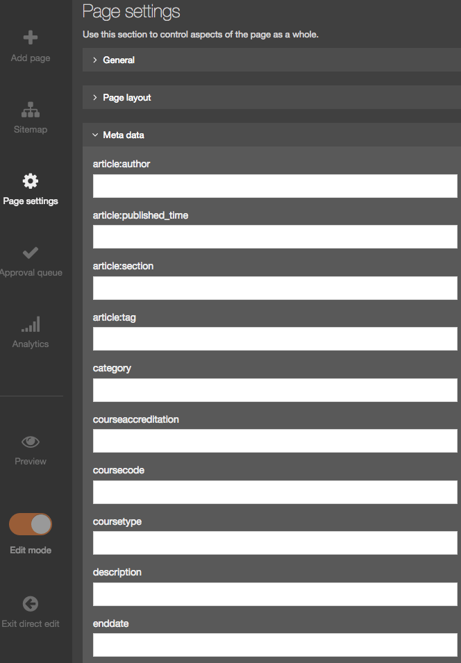 Screenshot of the Metadata options in the Page Settings of Direct Edit