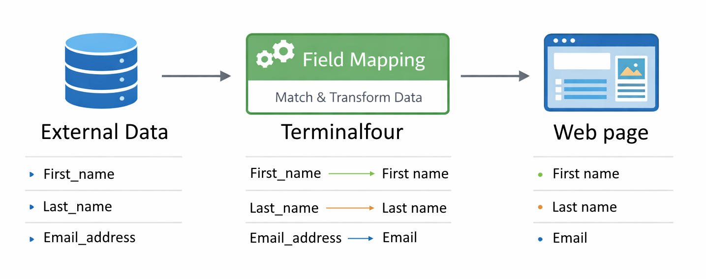 External data fields are mapped to Terminalfour Content type elements so content can be imported correctly