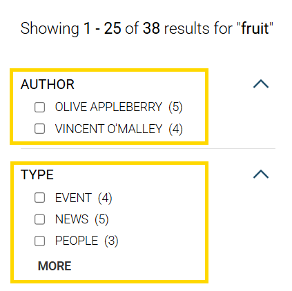 screenshot showing Facets for Author and Type