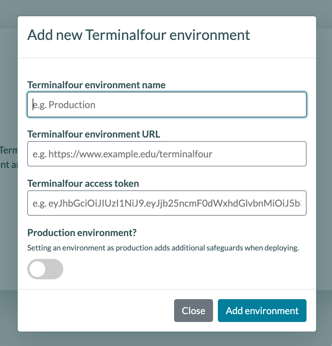 GIT Add New Environment screen