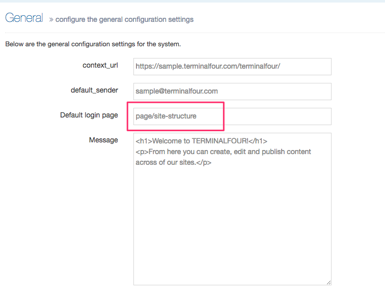 Screenshot showing the General System Settings page with the Site Structure set as the default login page