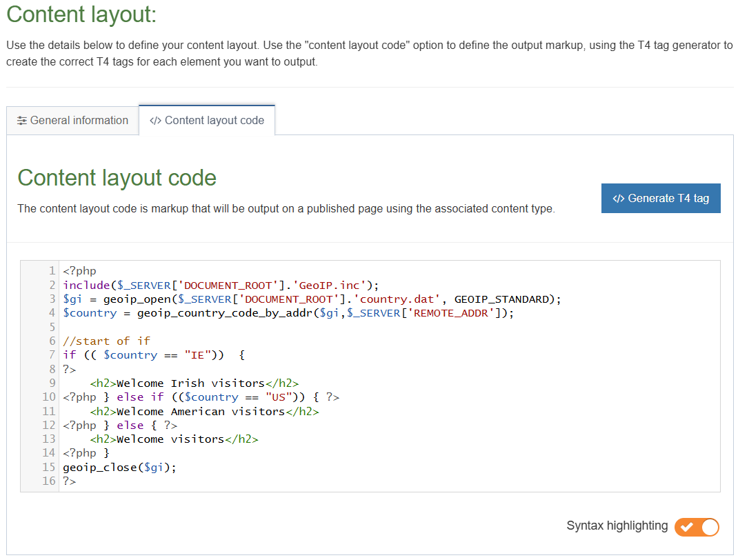 GeoIP Content Layout Code Tab