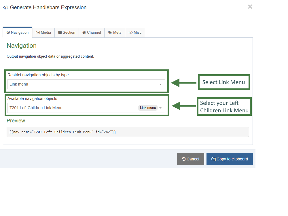 Handlebars expression for Left Children Link Menu