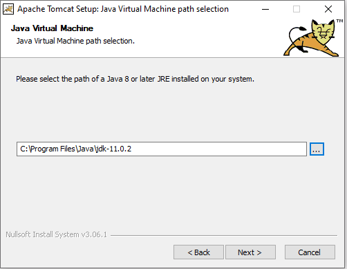 The Java VM Path Selection screen in Tomcat 9 installation