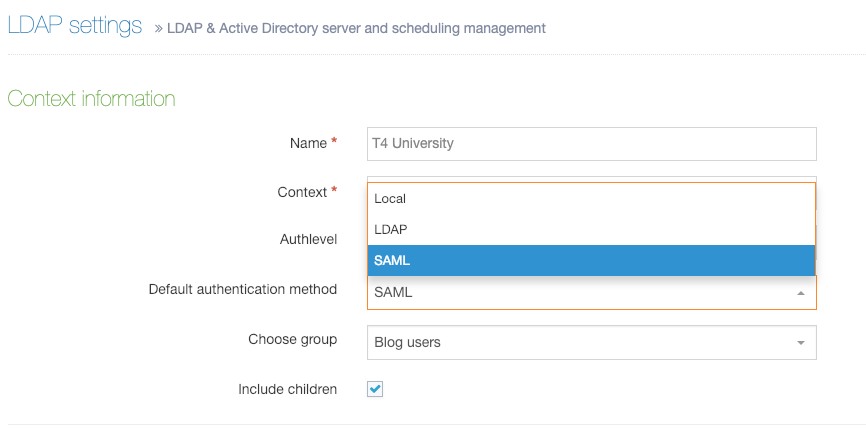 Screenshot of the SAML selected as authentication method in LDAP settings