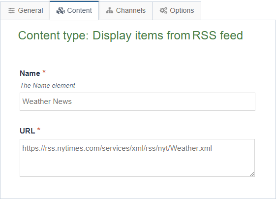 screenshot showing Name and URL values entered into an RSS Feed content type
