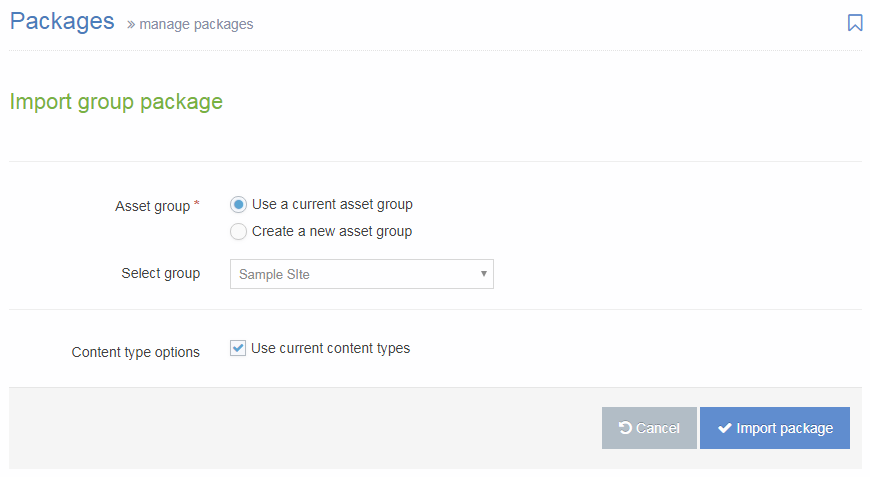 Screenshot of the Import Group Packages screen