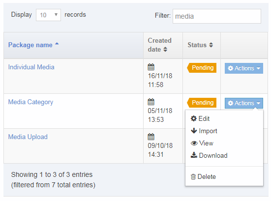 Screenshot of the actions menu for Media Category Packages
