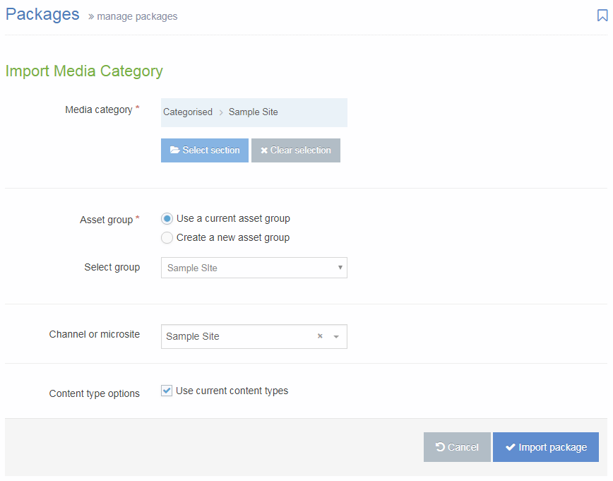 Screenshot of the Import Media Category Packages Import screen