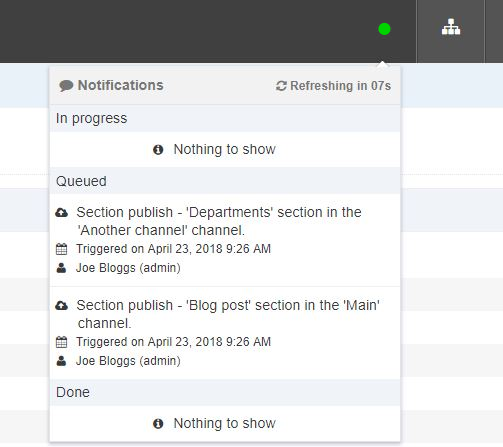 Screenshot of the Notifications Area drop-down with a green indicator showing that a Publish is in progress  
