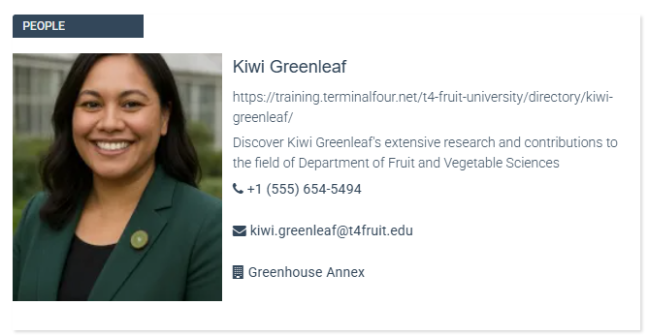 Screenshot of a Results Card for a People type result showing customized output of unmapped fields for phone, email, and building