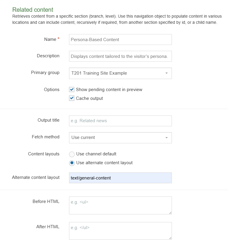 Screenshot of Persona-based related content navigation configuration