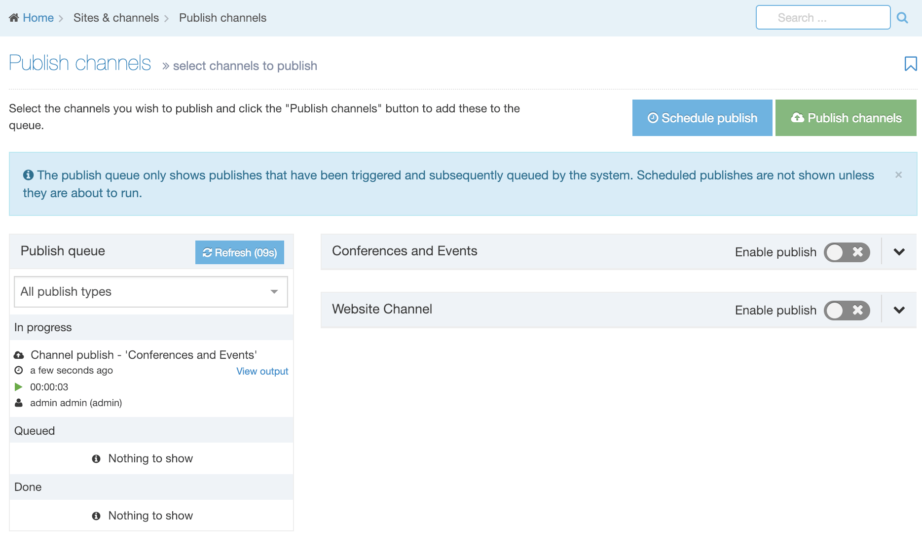 Screengrab of the Select Channels to Publish screen 