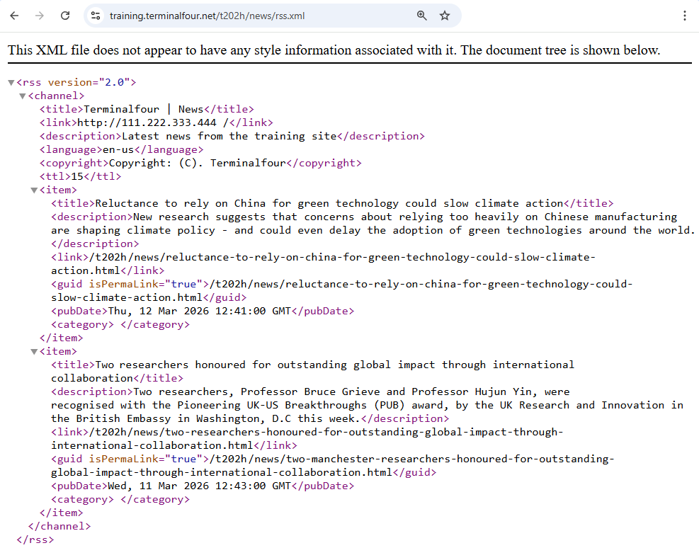 Screenshot of news RSS Feed published to broswer