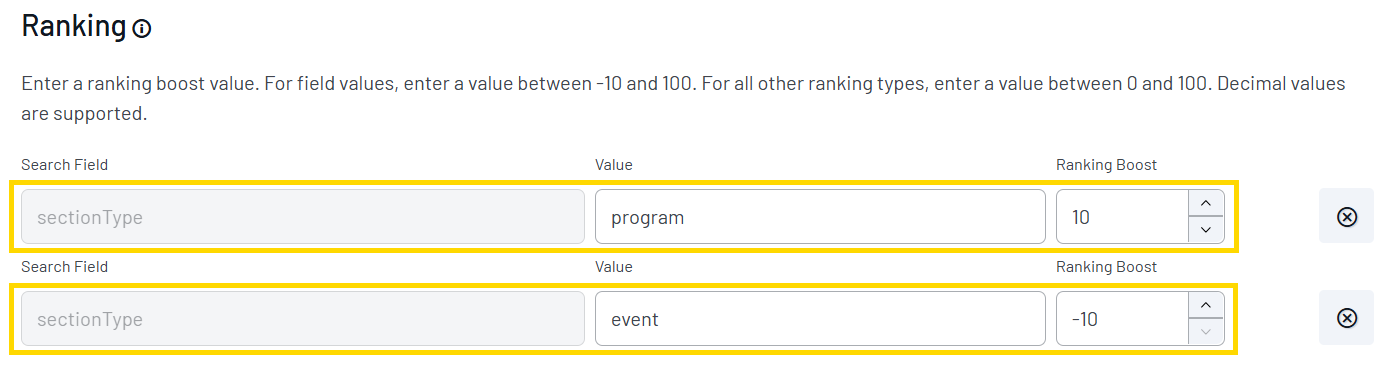 Screenshot of Ranking configuration showing a positive boost to program and negative boost to events