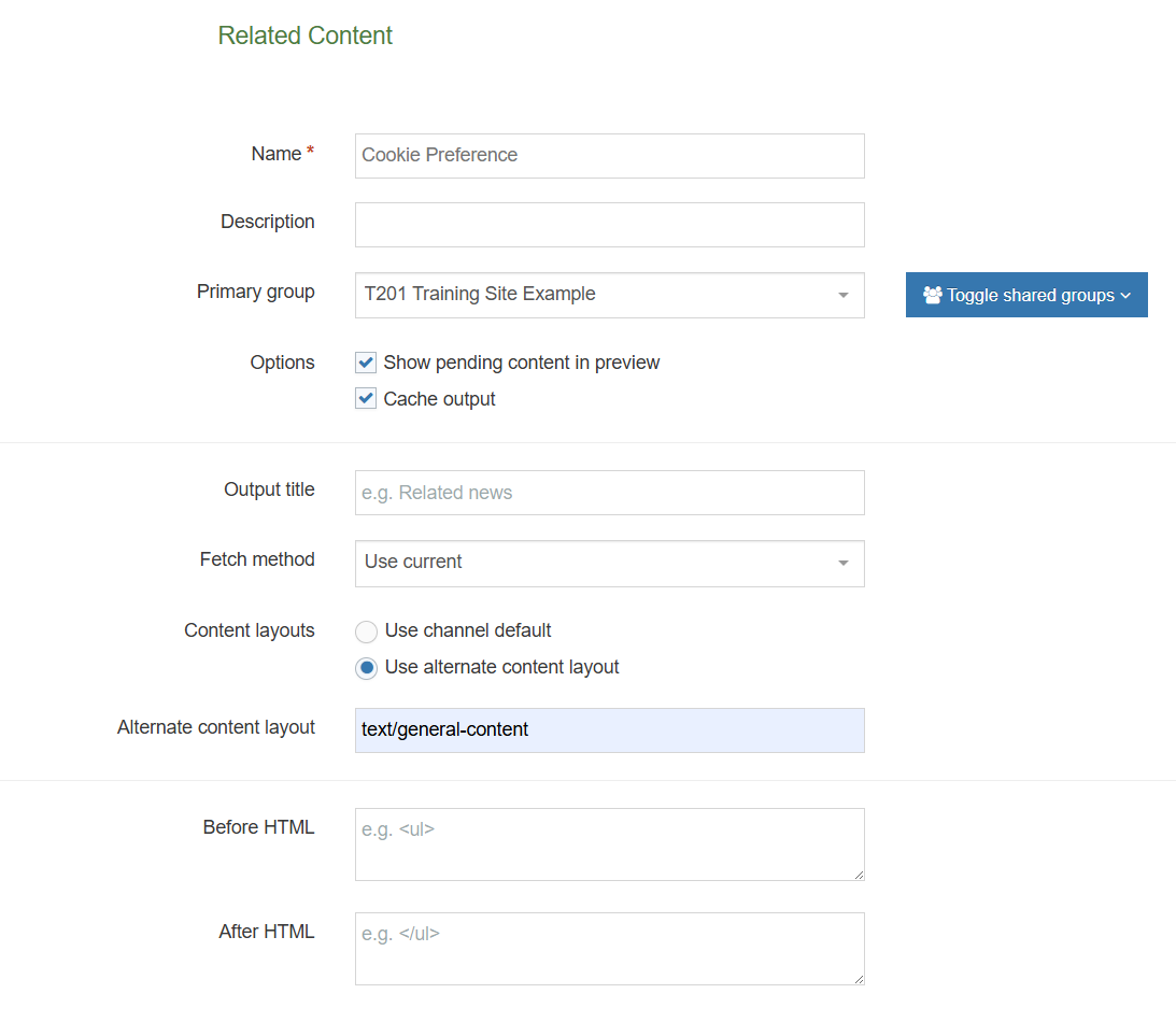 Related Content Navigation (Cookie Preference) Configuration