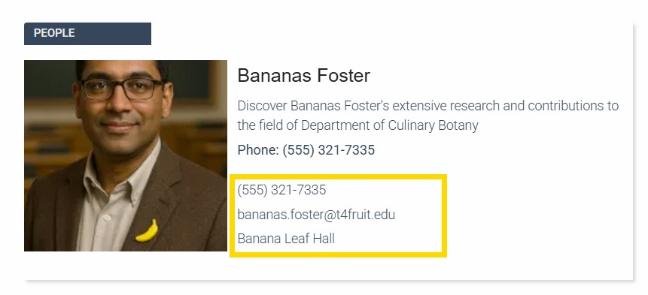 Result card for Mr Bananas Foster showing unmapped fields of telephone, email, and building name
