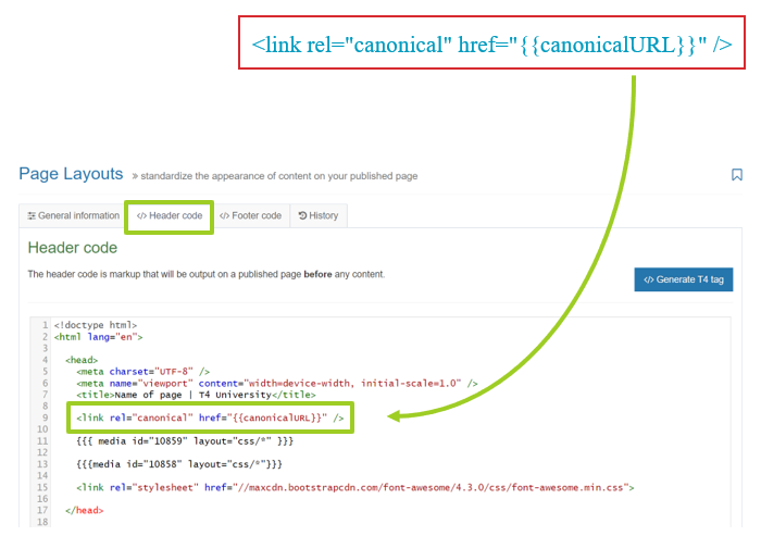 Inserting a canonical URL link into the page layout