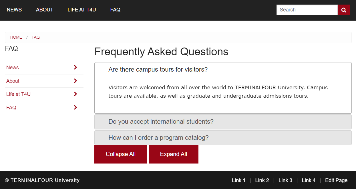 Example of an accordion component that displays FAQs