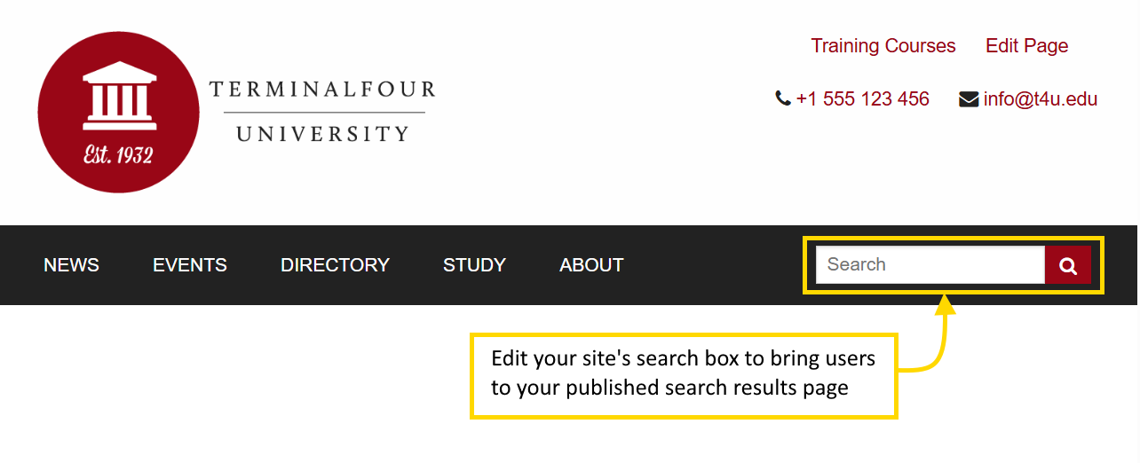 Website search box showing the instruction: ‘Edit your site’s search box to bring users to your published search results page.