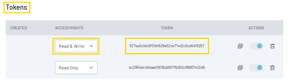 Screenshot of SearchStax UI showing Read and Write token