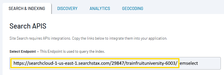 Screenshot of API endpoint in SearchStax UI