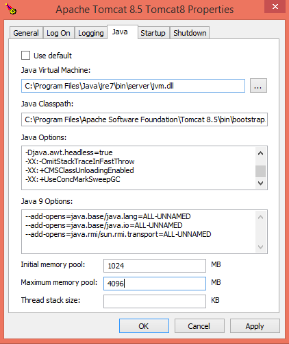 Settings Tomcat 8.5 Java Options Windows