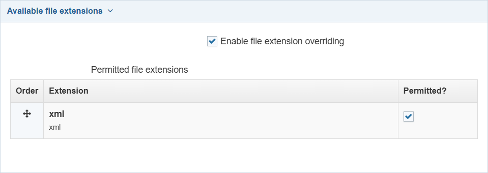 screenshot showing XML file extension permitted in a Channel's available file extensions