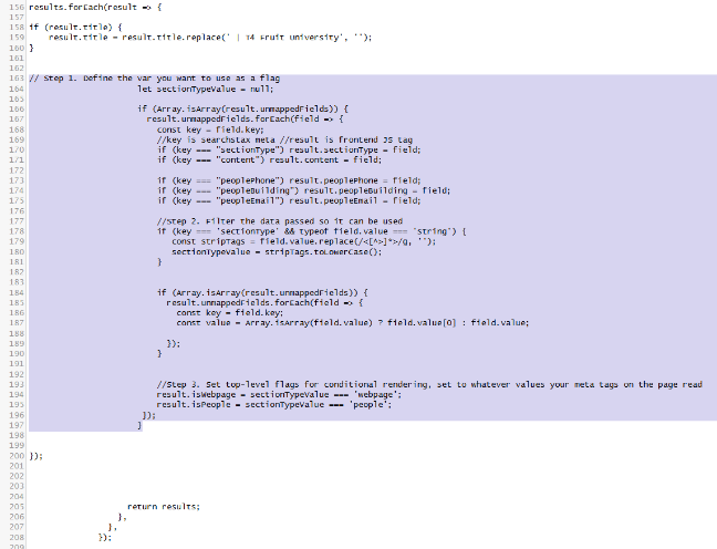 screenshot showing the inclusion of code in the afterSearch hook of a SERP template
