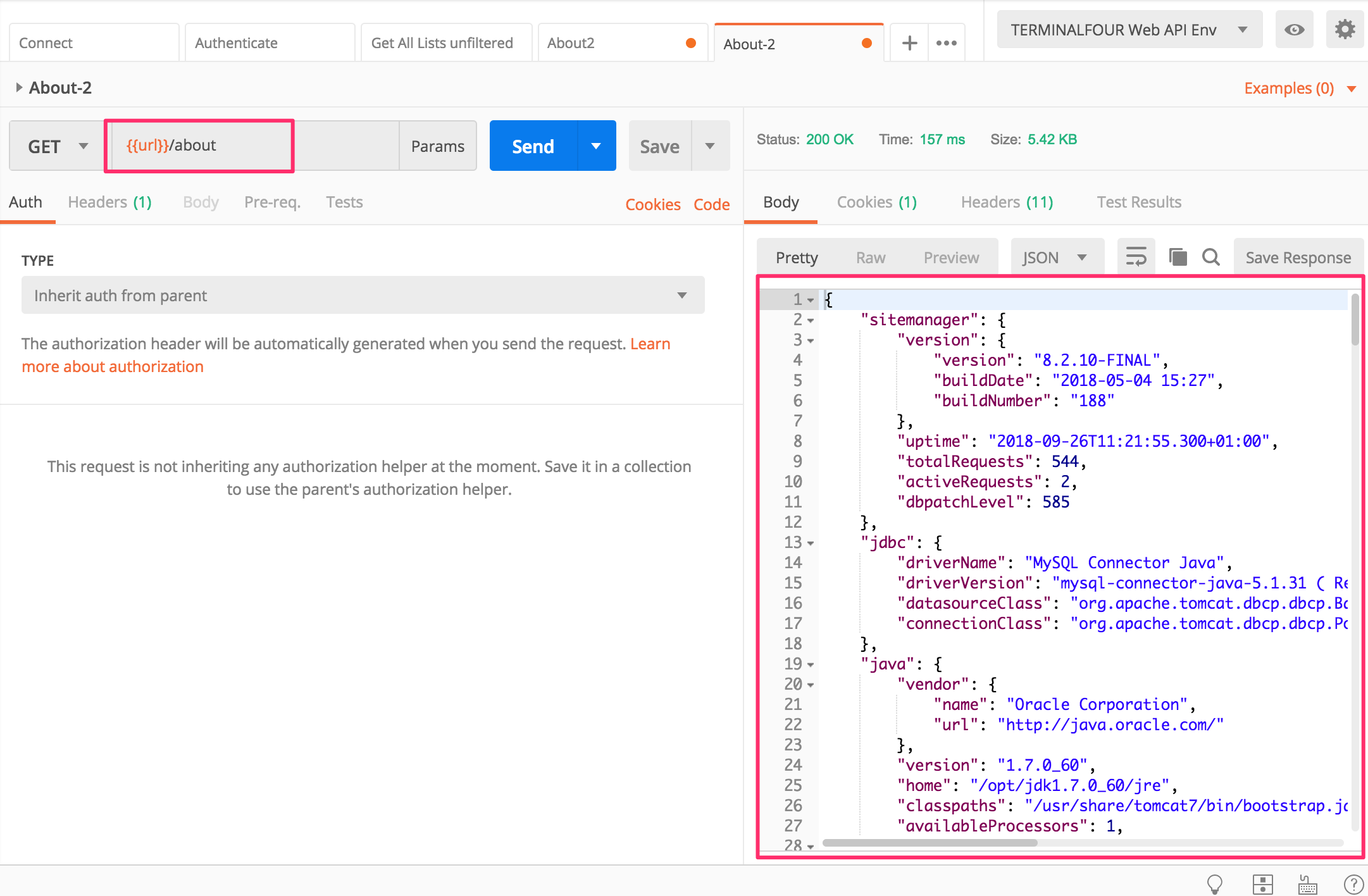 Screenshot of an About Request in Postman