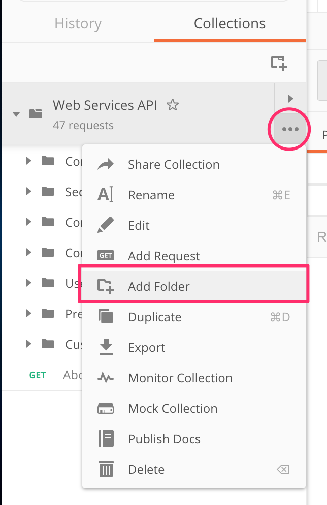 Screenshot of the add Collection folder option in Postman 