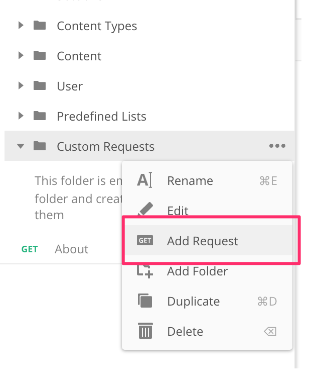 Screenshot of the Add Request option in Postman