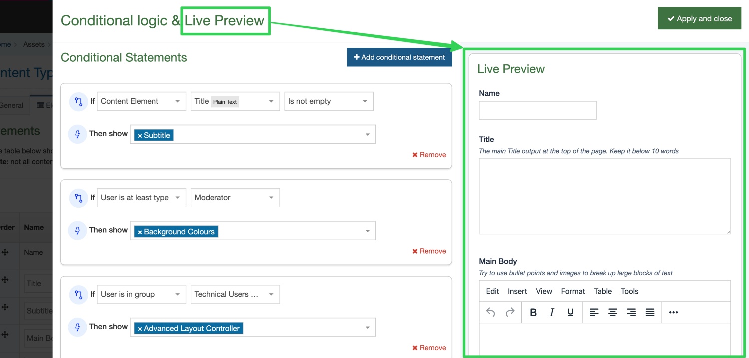 Changes to your conditional statements are reflected in the live preview in real time