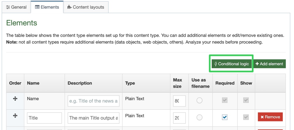 The conditional logic button is located directly before the add elements buttons