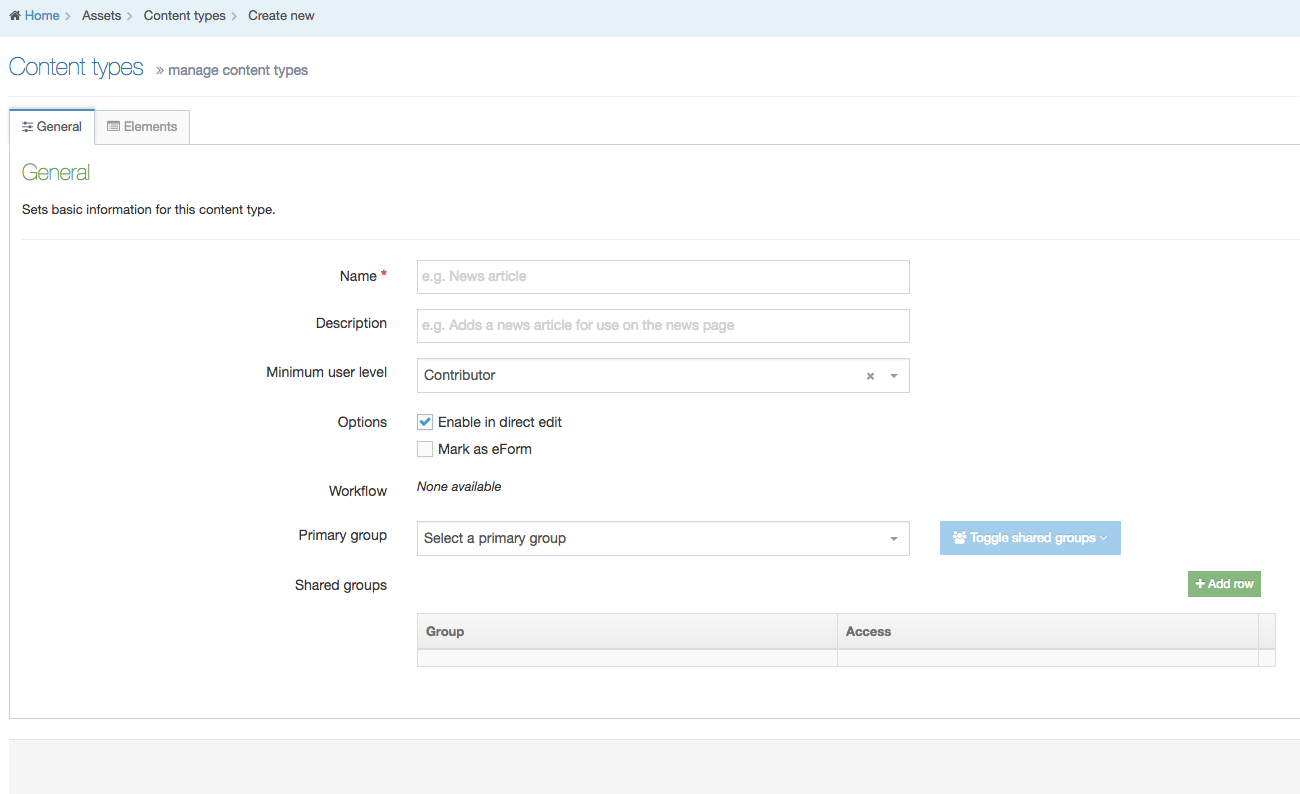 Screenshot of the Manage Content Types screen showing the form elements to be completed