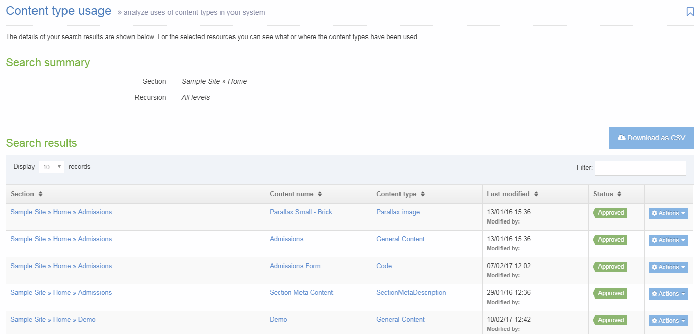 Sample Content Type Usage Report