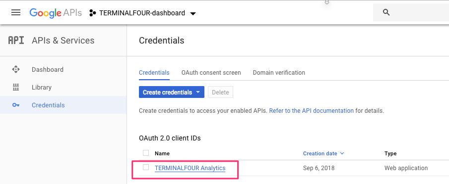 Screenshot of a list of credentials in the Google API console