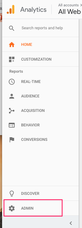 Screenshot of Google Analytics interface with Admin link highlighted